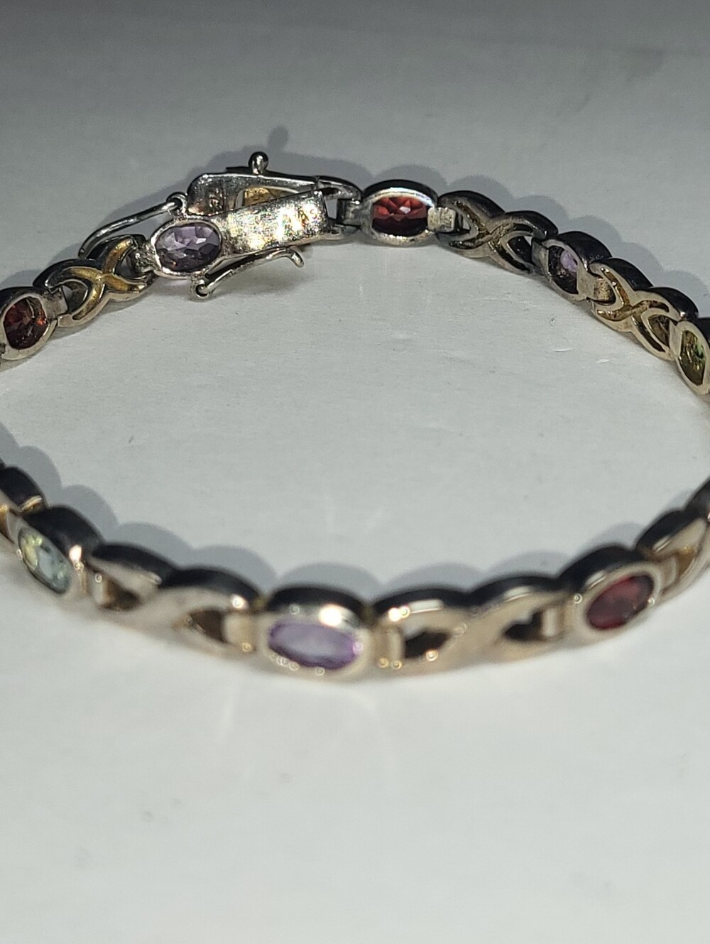 Vintage Sterling Silver Multicolor Gemstone Infinity Link Bracelet - Picture 4 of 10